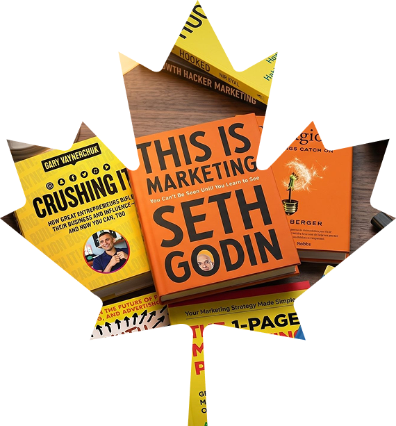 Marketing books arranged inside a maple leaf shape