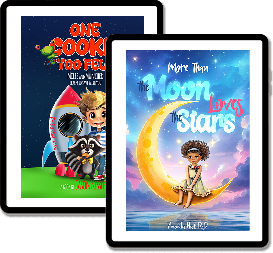 Two tablets showing children's book covers
