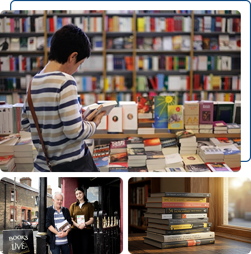 Reader browsing a bookshop, booksellers and a stack of books