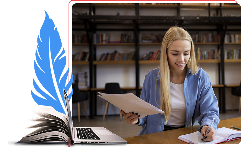 Author writing a book at her desk next to a laptop and a blue feather quill